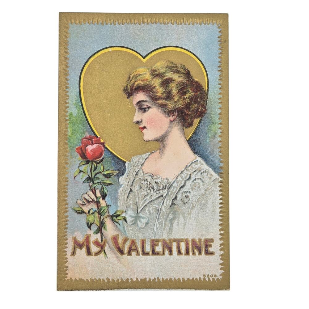 Antique Valentine Postcard Young Woman Holding Red Rose in Front of Golden Heart